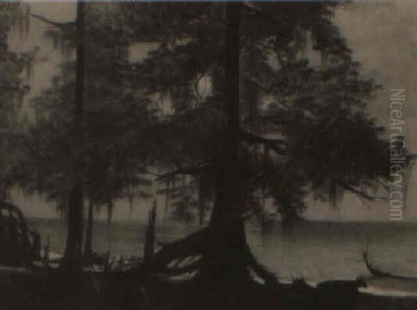 Night Scape Of Cattle Resting Under Cypress Grove Of Lake Pontchatrain Oil Painting by George Howell Gay