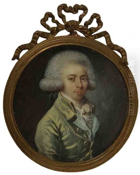 Homme En Elegante Veste Moiree Vert Anis Gansee De Bleu Et Gilet Bleu A Revers Brodes Oil Painting by Pierre-Etienne Le Gay