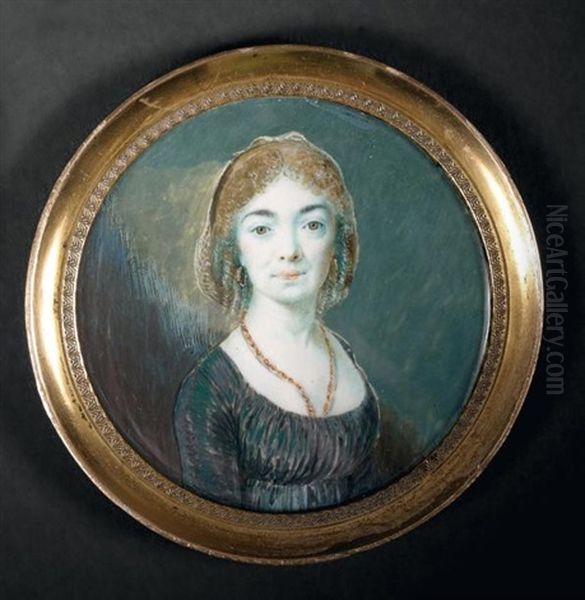 Portrait De Jeune Femme A La Robe De Soie Verte Et Coiffee D'un Chignon Retombant En Fines Boucles Oil Painting by Pierre-Etienne Le Gay