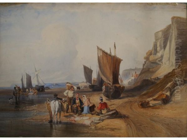 Fisherfolk Sorting Their Catch On The Beach Oil Painting by Thomas Brabazon Aylmer