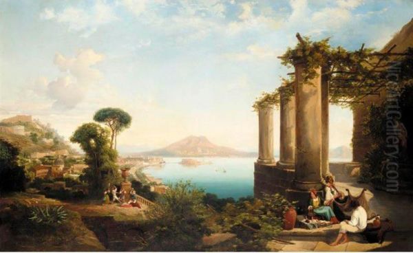 The Castle Of Ischia, In The Bay Of Naples, Mount Vesuvius Beyond Oil Painting by Thomas Brabazon Aylmer