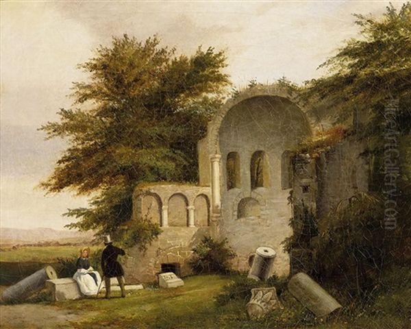 Reisende Bei Den Ruinen Einer Romanischen Kirche Oil Painting by Antoine Xavier Gabriel de Gazeau