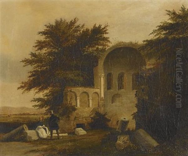 Biedermeierliches Paar Vor Romanischer Kirchenruine Oil Painting by Antoine Xavier Gabriel de Gazeau