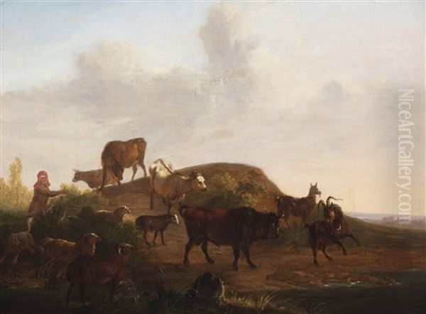 Shepherd With Cattle, Goats And Sheep On The Countryside Oil Painting by Christian David Gebauer