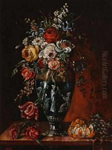 A Still Life With Flowers In A Classic Vase Oil Painting by Christian David Gebauer