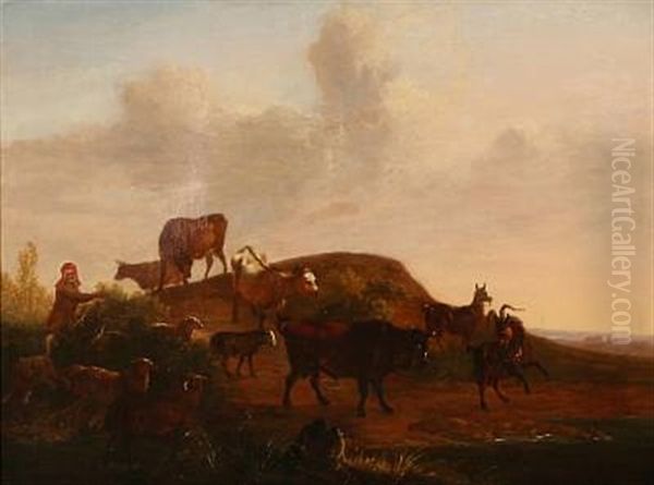 Shepherd With Cattle, Goats And Sheep On The Countryside Oil Painting by Christian David Gebauer