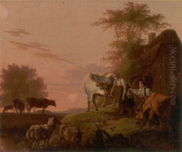 Pastoralt Sceneri Med Malkepige Og Kvaeg Samt Bejler Til Hest Oil Painting by Christian David Gebauer