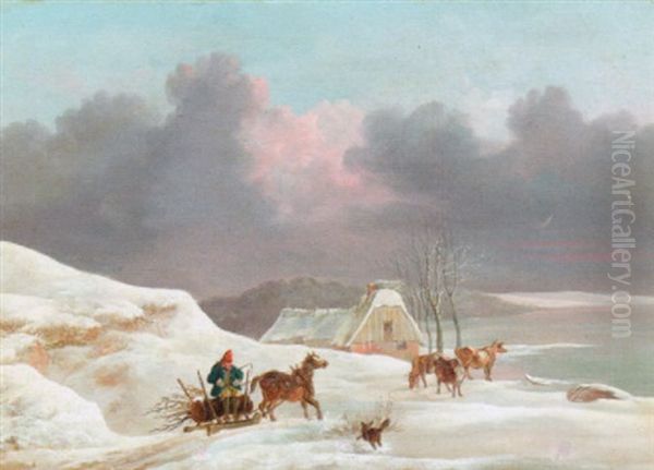 Vinterlandskab Med Slaedekorsel, Braendet Bringes Til Den Strataekte Gard Oil Painting by Christian David Gebauer