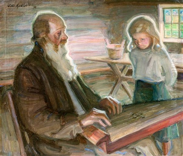 The Old Kantele-player And His Grandchild Oil Painting by Albert Gebhard