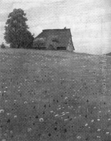 Bauernhaus Uber Bluhendem Wiesenhang Oil Painting by August Gebhard