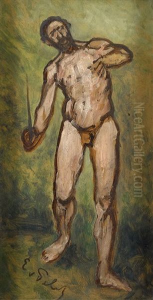 Male Nude With A Sword Oil Painting by Eduard (Karl-Franz) von Gebhardt