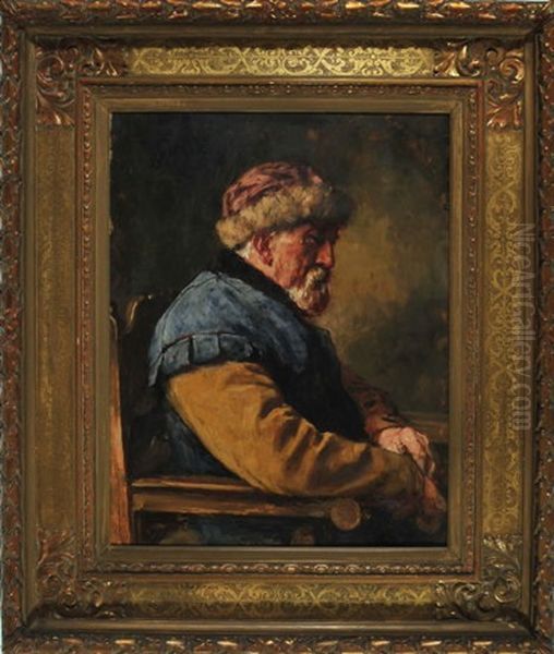 Sitzender Mann Mit Pelzmutze Auf Einem Holzstuhl Im Profil Oil Painting by Eduard (Karl-Franz) von Gebhardt