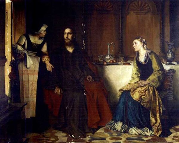 Jesus In An Interior Talking To Martha And Mary Oil Painting by Eduard (Karl-Franz) von Gebhardt