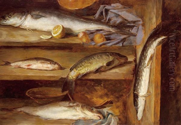 Fischstilleben Oil Painting by Ignatz Heinrich Gebhardt