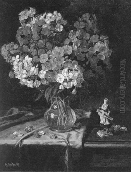 Stilleben Mit Phlox Und Figurine Oil Painting by Ignatz Heinrich Gebhardt