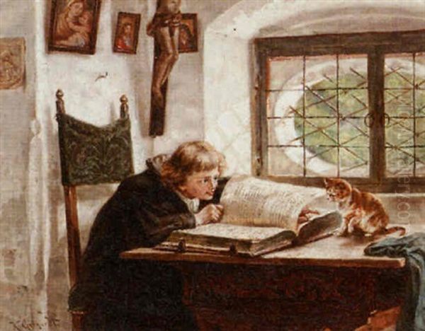 Interior With A Studying Boy And A Watchful Cat Oil Painting by Karl Max Gebhardt