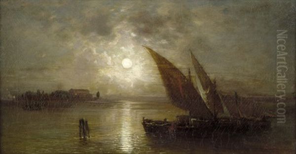 Mondnacht Uber Der Lagune: Segelschiffe Vor Venedig Oil Painting by Ludwig Gebhardt