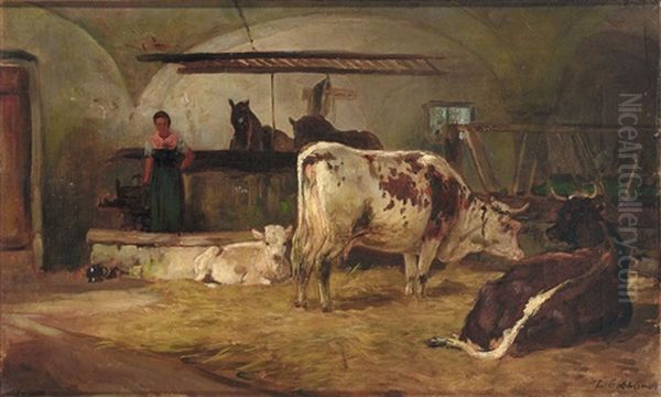 Blick In Einen Stall Mit Bauerin, Kuhen, Kalb Und Pferden Oil Painting by Ludwig Gebhardt