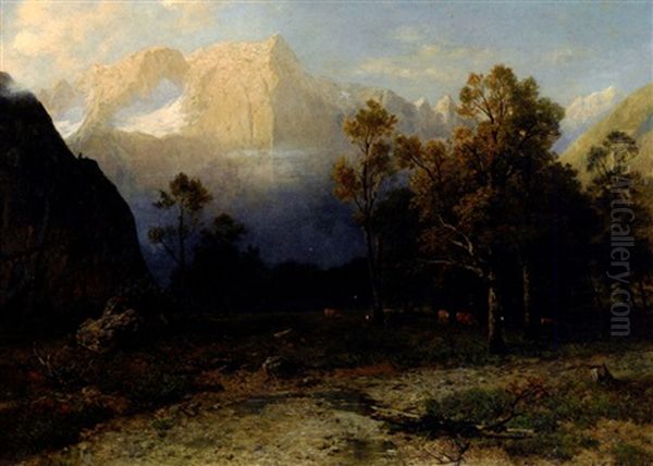 Karwendel, Im Vordergrund Weidendes Vieh Zwischen Baumen Oil Painting by Ludwig Gebhardt