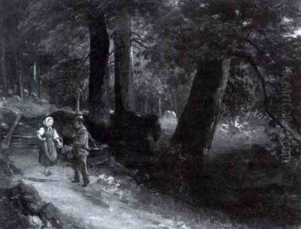 Jager Und Madchen Auf Einem Waldweg Oil Painting by Ludwig Gebhardt