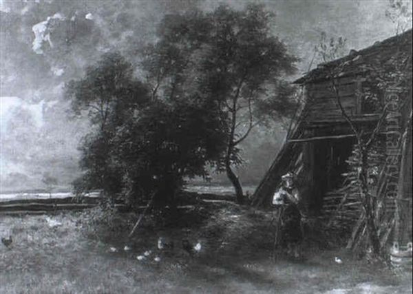 Huhnerhof Mit Misthaufen Vor Den Holzstallungen Oil Painting by Ludwig Gebhardt