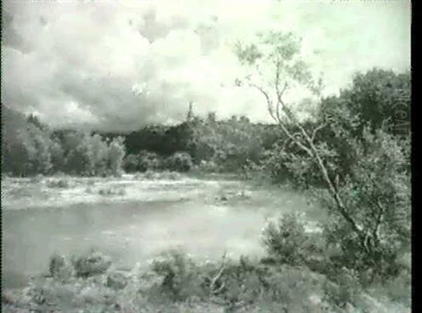 Isar-landschaft Mit Flossern Auf Dem Fluss Oil Painting by Ludwig Gebhardt