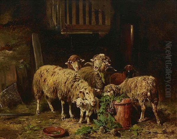 Schafe Im Stall Oil Painting by Otto Friedrich Gebler