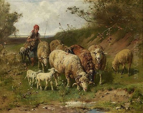 Hirtin Mit Schafherde Am Wasserloch Oil Painting by Otto Friedrich Gebler