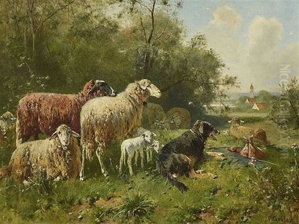 Schafe Mit Huterhund Auf Der Weide Oil Painting by Otto Friedrich Gebler