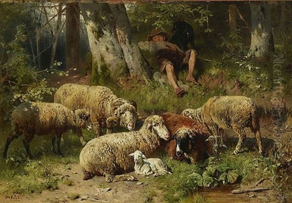 Ruhender Hirtenknabe Mit Schafen Auf Der Waldlichtung Oil Painting by Otto Friedrich Gebler