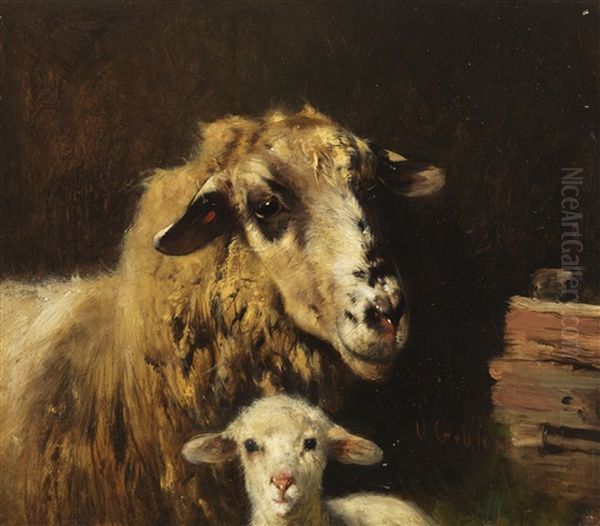 Mutterschaf Mit Lamm Im Stall Oil Painting by Otto Friedrich Gebler