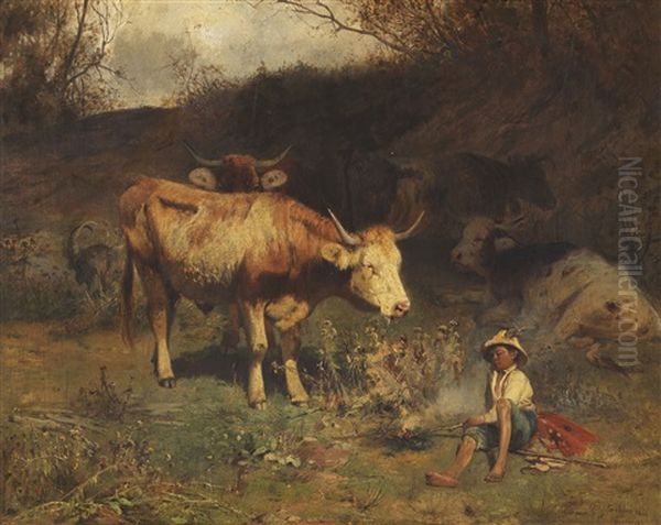 Rast Des Hirtenjungen Mit Seinen Tieren Oil Painting by Otto Friedrich Gebler