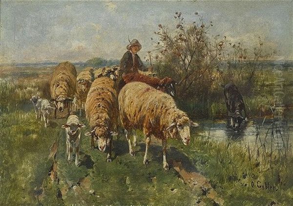 Schafherde Mit Hirt In Landschaft Oil Painting by Otto Friedrich Gebler