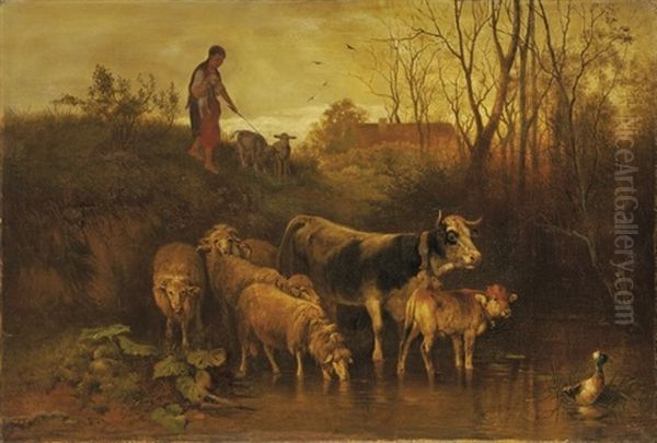 Hirtin Mit Schafen Und Kuhen An Der Furt Oil Painting by Otto Friedrich Gebler