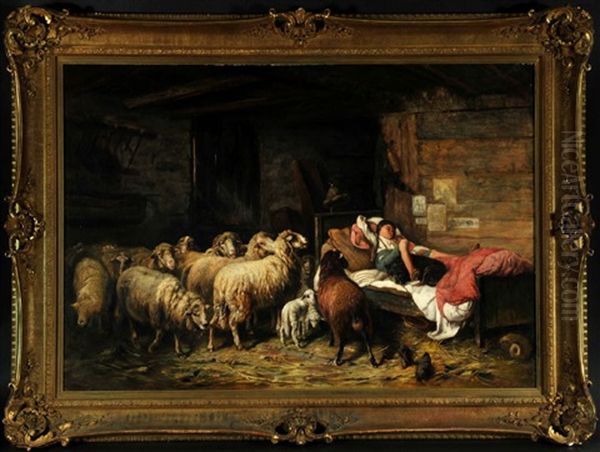 Schlafender Hirtenjunge Mit Schafen Im Stall Oil Painting by Otto Friedrich Gebler