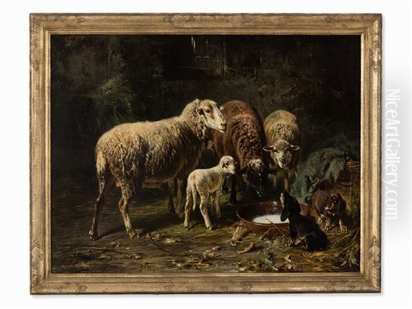 Sheep At The Milk Bowl Oil Painting by Otto Friedrich Gebler