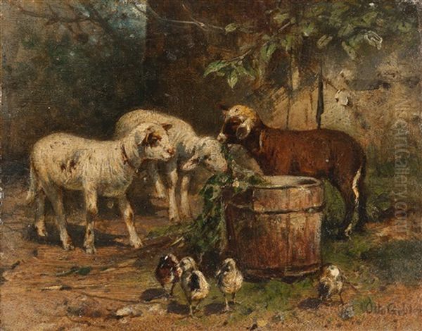 Lammer Und Huhner Vor Dem Stall Oil Painting by Otto Friedrich Gebler