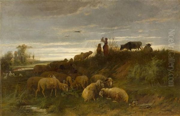 Family Of Shepherds In A Broad Landscape Oil Painting by Otto Friedrich Gebler