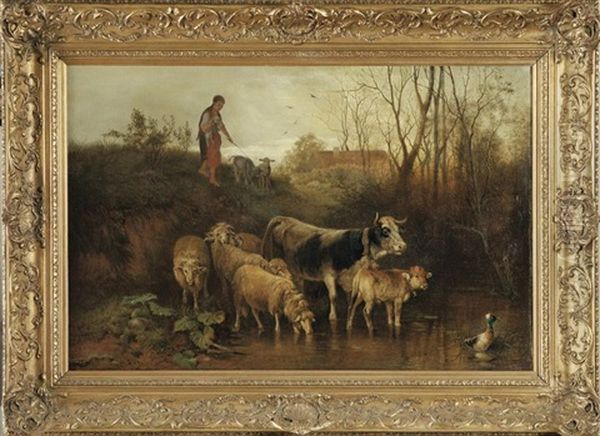 Hirtin Mit Schafen Und Kuhen An Der Furt Oil Painting by Otto Friedrich Gebler