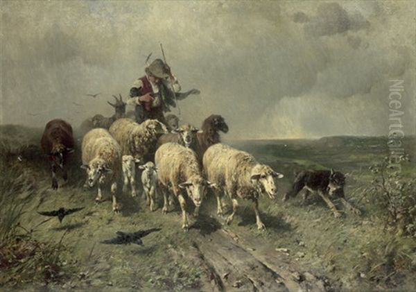 Junger Hirte Mit Seinen Schafen Bei Aufziehendem Wetter Oil Painting by Otto Friedrich Gebler