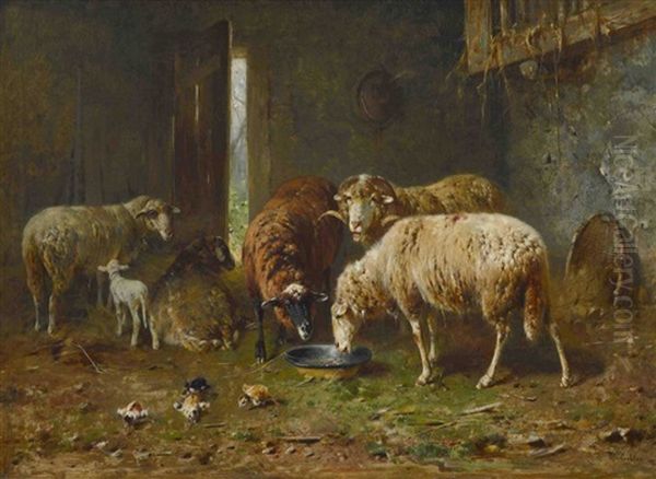 Funf Schafe Mit Lamm Und Kuken Im Stall Oil Painting by Otto Friedrich Gebler