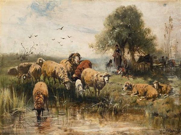 Hirten Mit Schafherde An Einem Weiher Oil Painting by Otto Friedrich Gebler