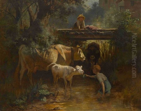 Kinder Mit Rindern Am Dorfbach Oil Painting by Otto Friedrich Gebler