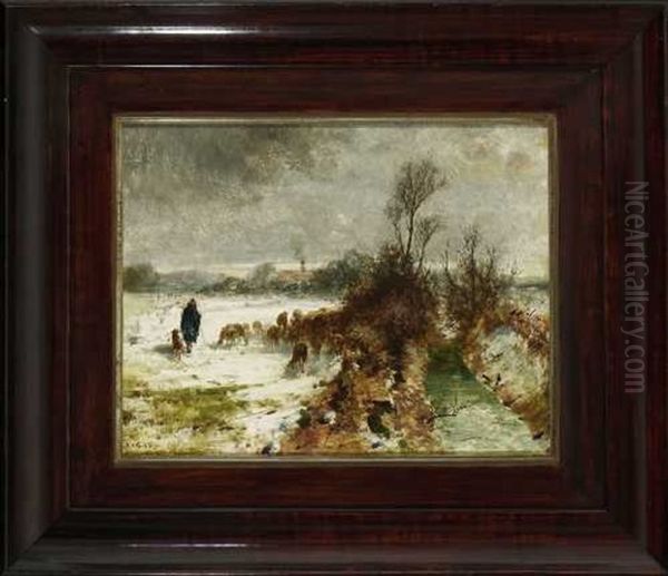 Schafhirte Mit Herde In Winterlicher Bachlandschaft Oil Painting by Otto Friedrich Gebler