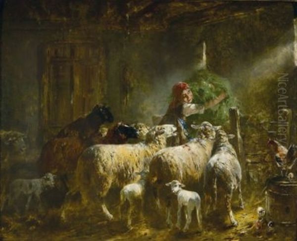 Futterndes Madchen Im Schafstall Oil Painting by Otto Friedrich Gebler