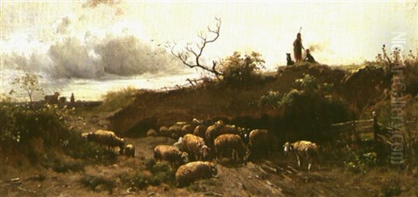 Hirtinnen Mit Schafherde Oil Painting by Otto Friedrich Gebler