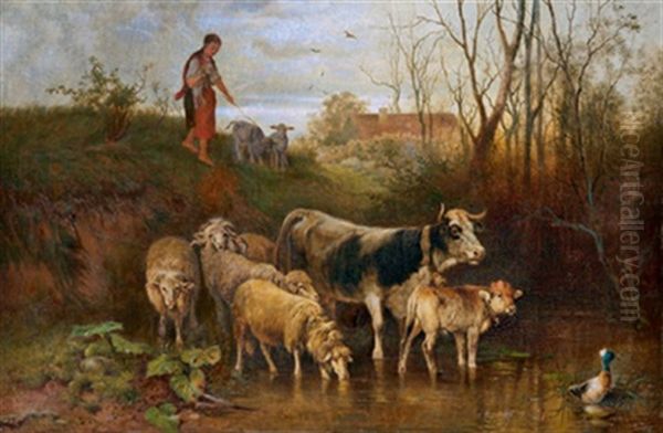 Hirtin Mit Schafen Und Kuhen An Der Furt Oil Painting by Otto Friedrich Gebler