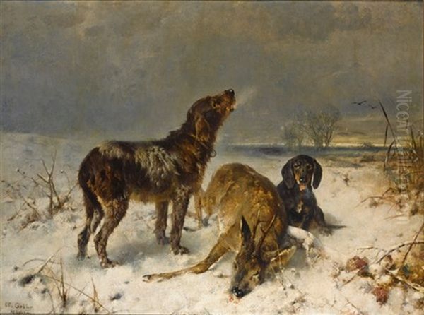 Two Hunting Dogs With Their Catch Oil Painting by Otto Friedrich Gebler