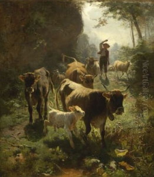 Junger Hirte Mit Rindern Und Schafen Auf Dem Waldweg Oil Painting by Otto Friedrich Gebler