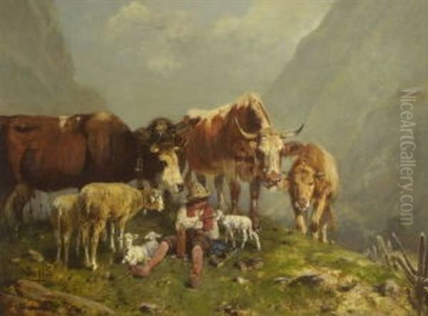 Rastender Huterjunge Mit Vieh In Gebirgslandschaft Oil Painting by Otto Friedrich Gebler